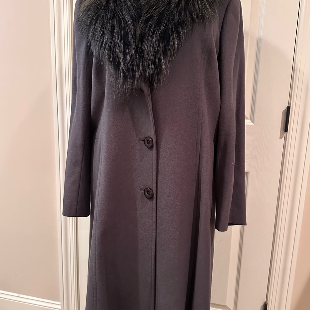 Full length Henig Furs Raccoon Fur Collar Women's Cashmere Coat in a brown/grey!